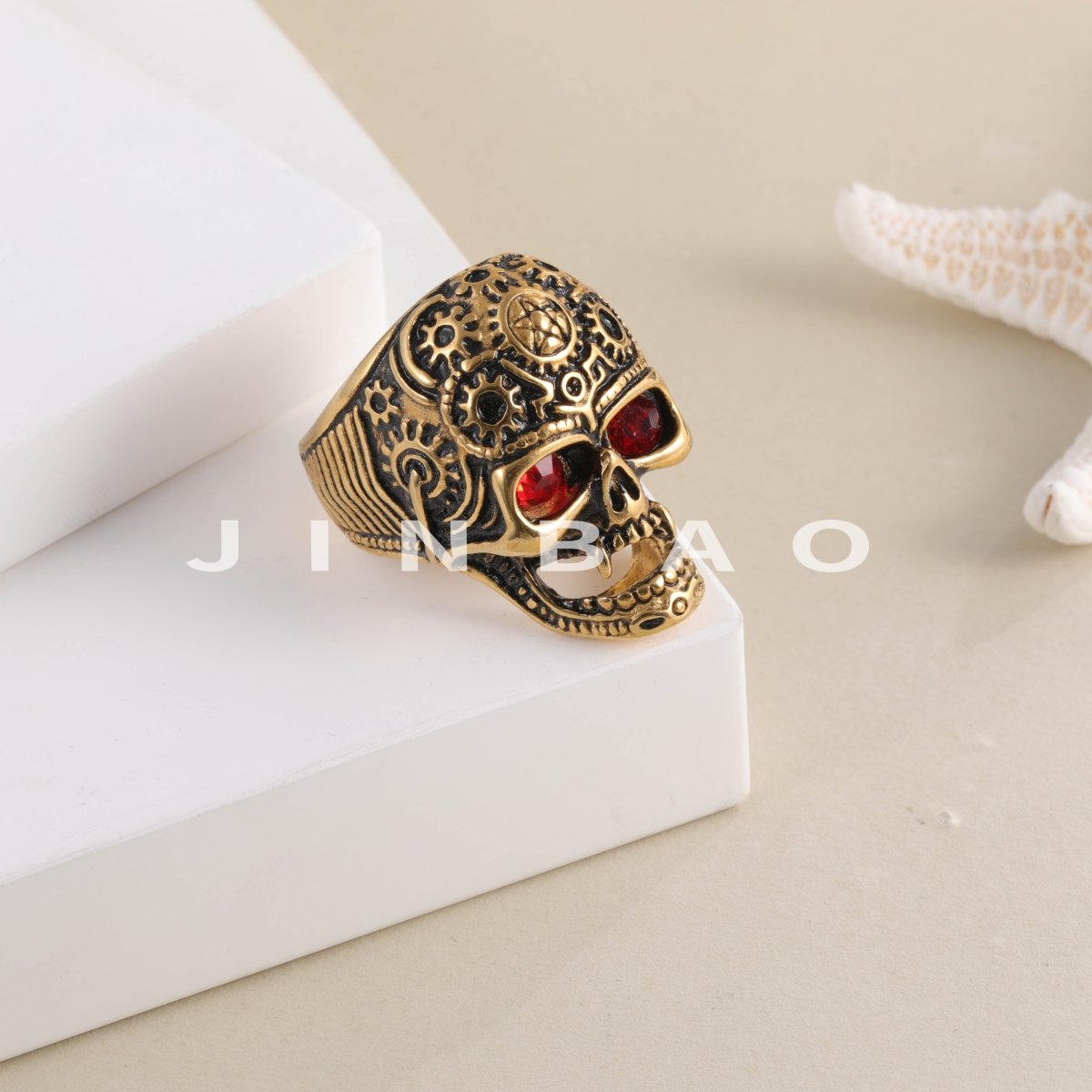 Steampunk Skull Stainless Steel Ring with Red Eyes Unique Gear Design | DZ280