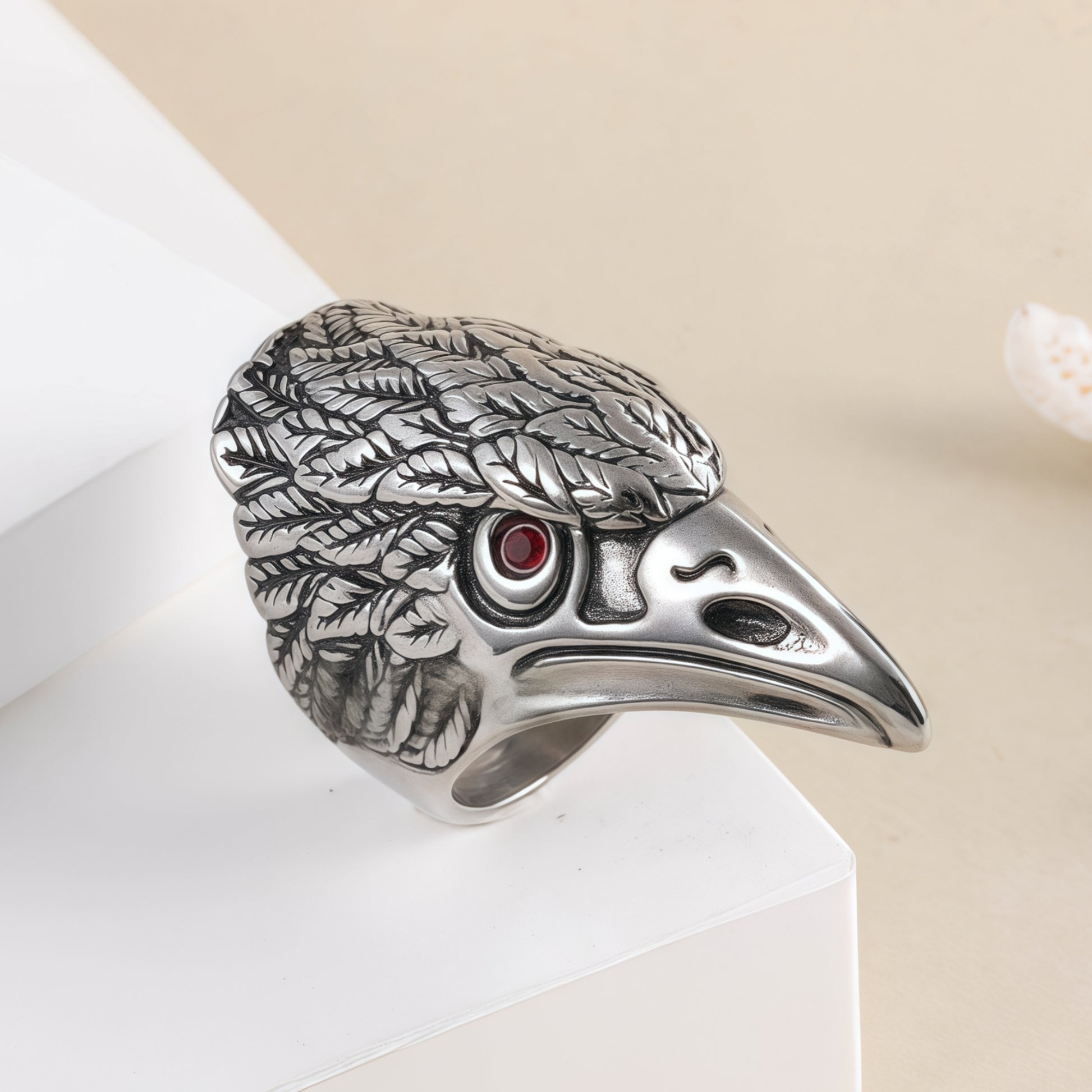 Vintage Bird Skull Stainless Steel Ring with Red Eyes Unique Design | DZ03