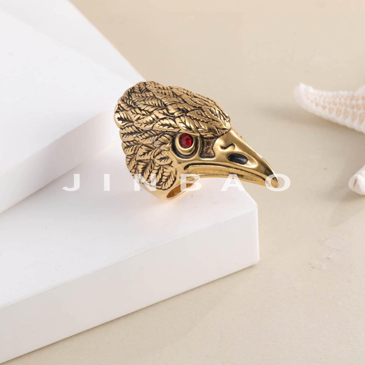 Vintage Bird Skull Stainless Steel Ring with Red Eyes Unique Design | DZ03
