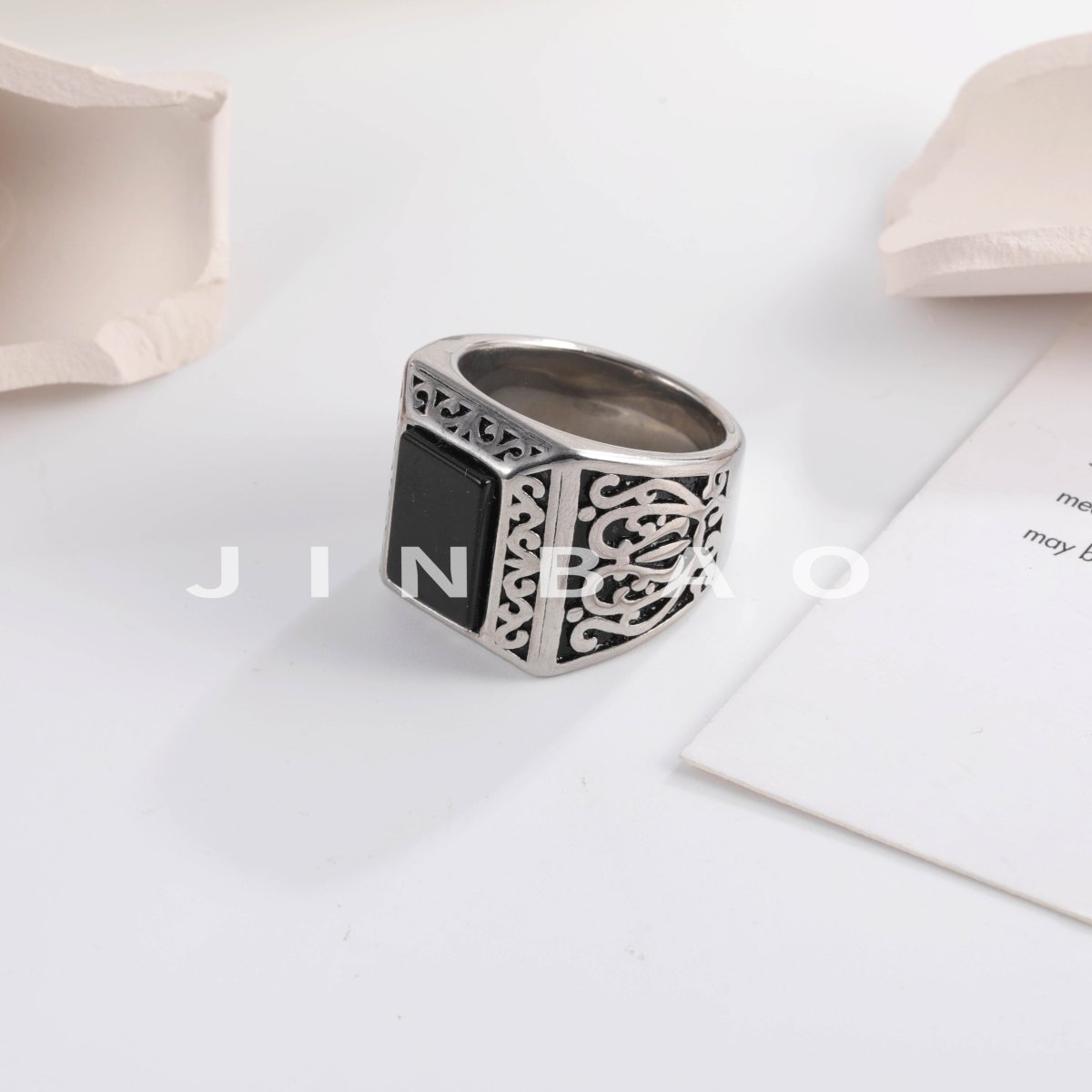 Vintage Black Square Gemstone Men's Stainless Steel Ring | K00148