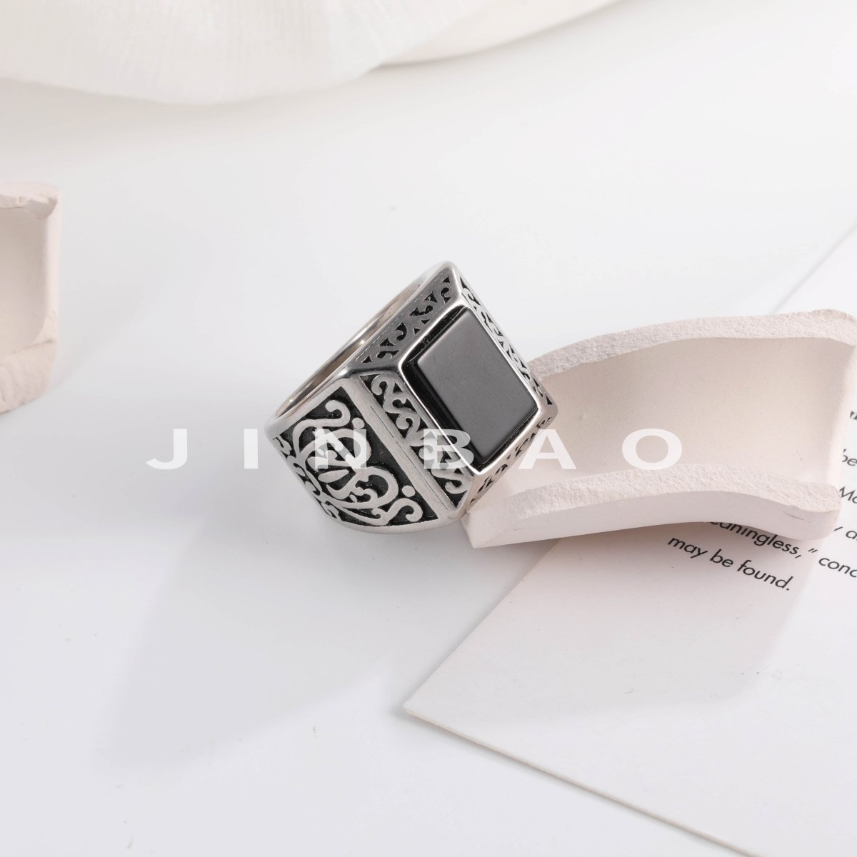 Vintage Black Square Gemstone Men's Stainless Steel Ring | K00148