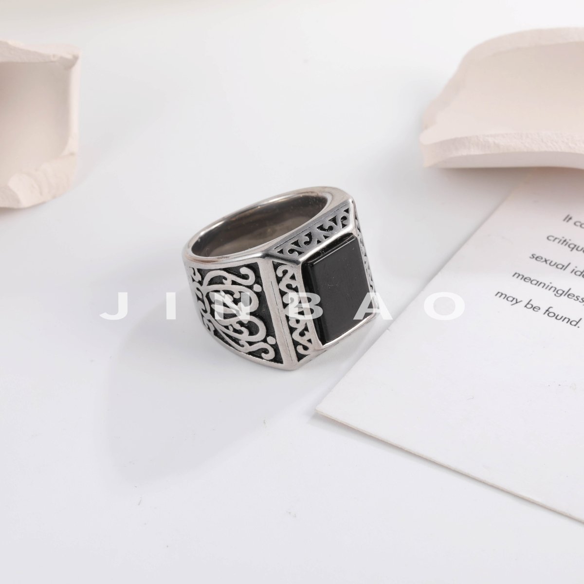 Vintage Black Square Gemstone Men's Stainless Steel Ring | K00148