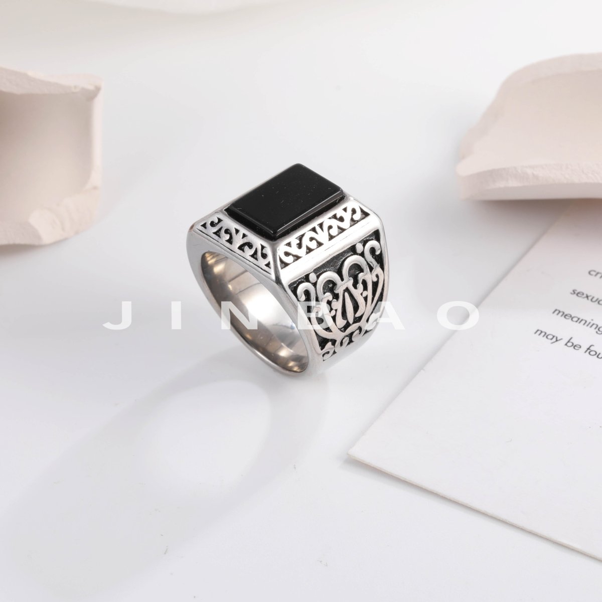 Vintage Black Square Gemstone Men's Stainless Steel Ring | K00148