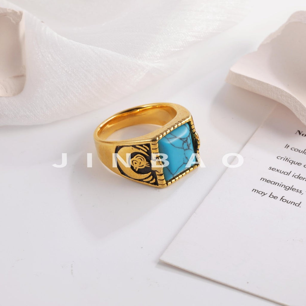 Vintage blue turquoise ring gold plated carved stainless steel men's ring | BL67