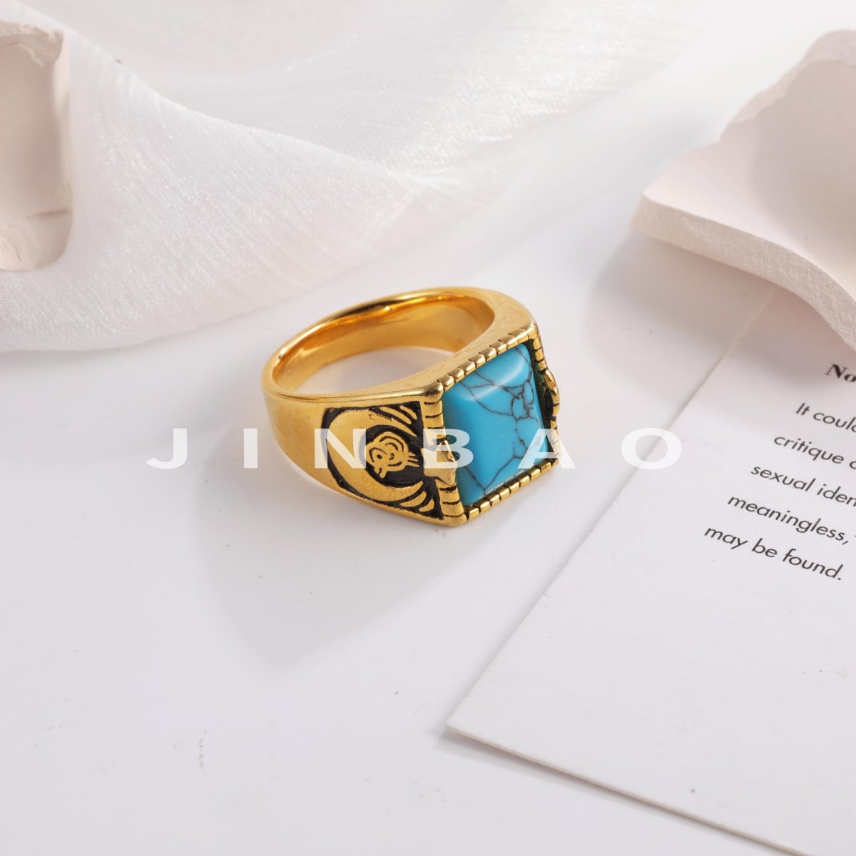 Vintage blue turquoise ring gold plated carved stainless steel men's ring | BL67
