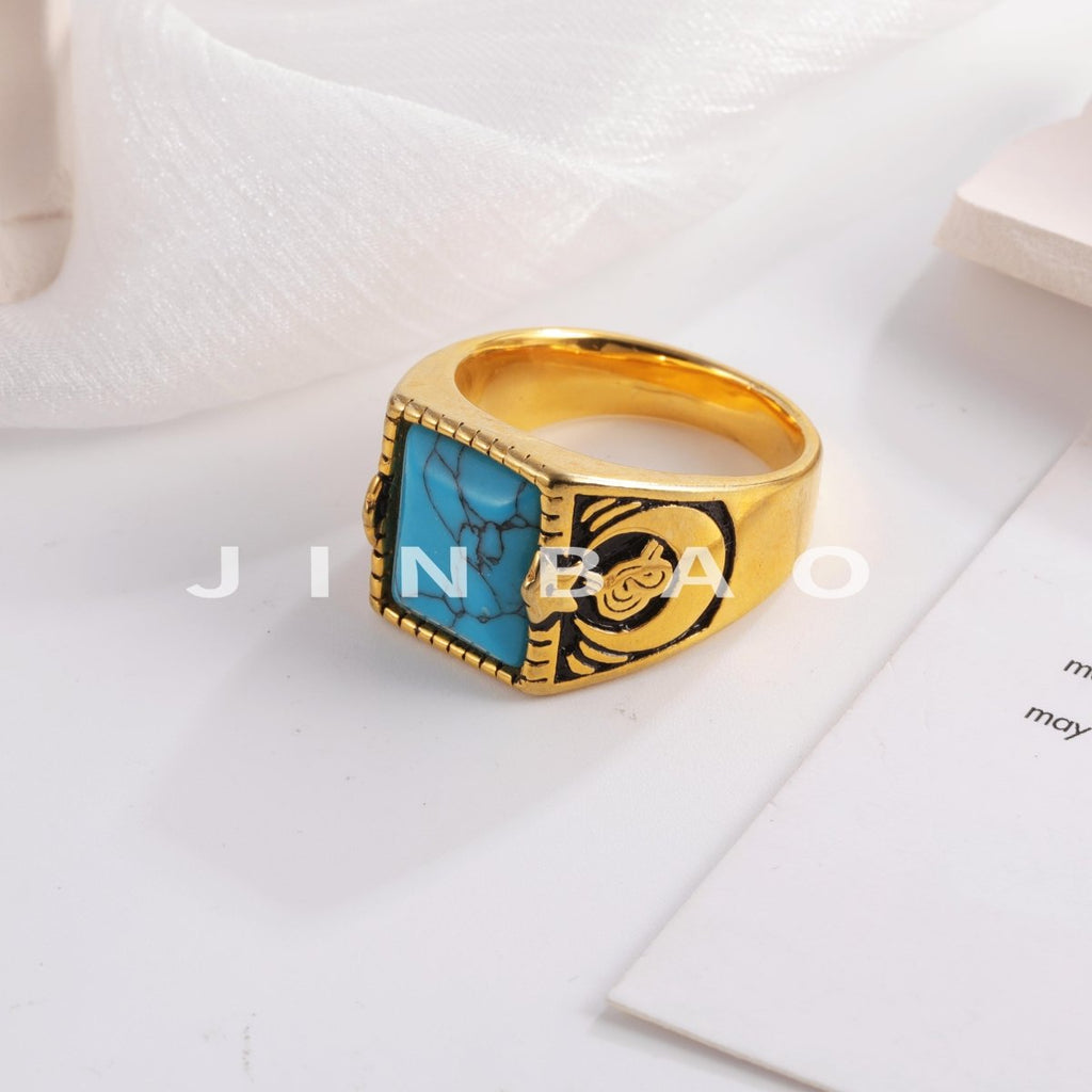 Vintage blue turquoise ring gold plated carved stainless steel men's ring | BL67