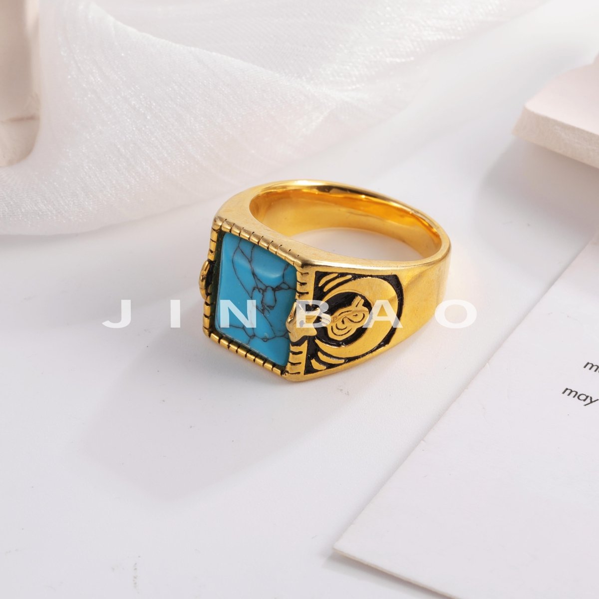Vintage blue turquoise ring gold plated carved stainless steel men's ring | BL67