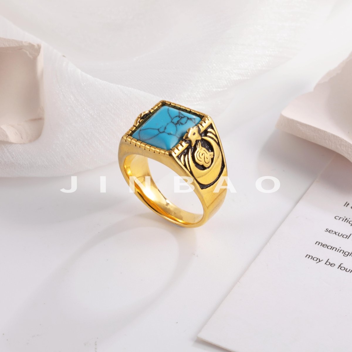 Vintage blue turquoise ring gold plated carved stainless steel men's ring | BL67