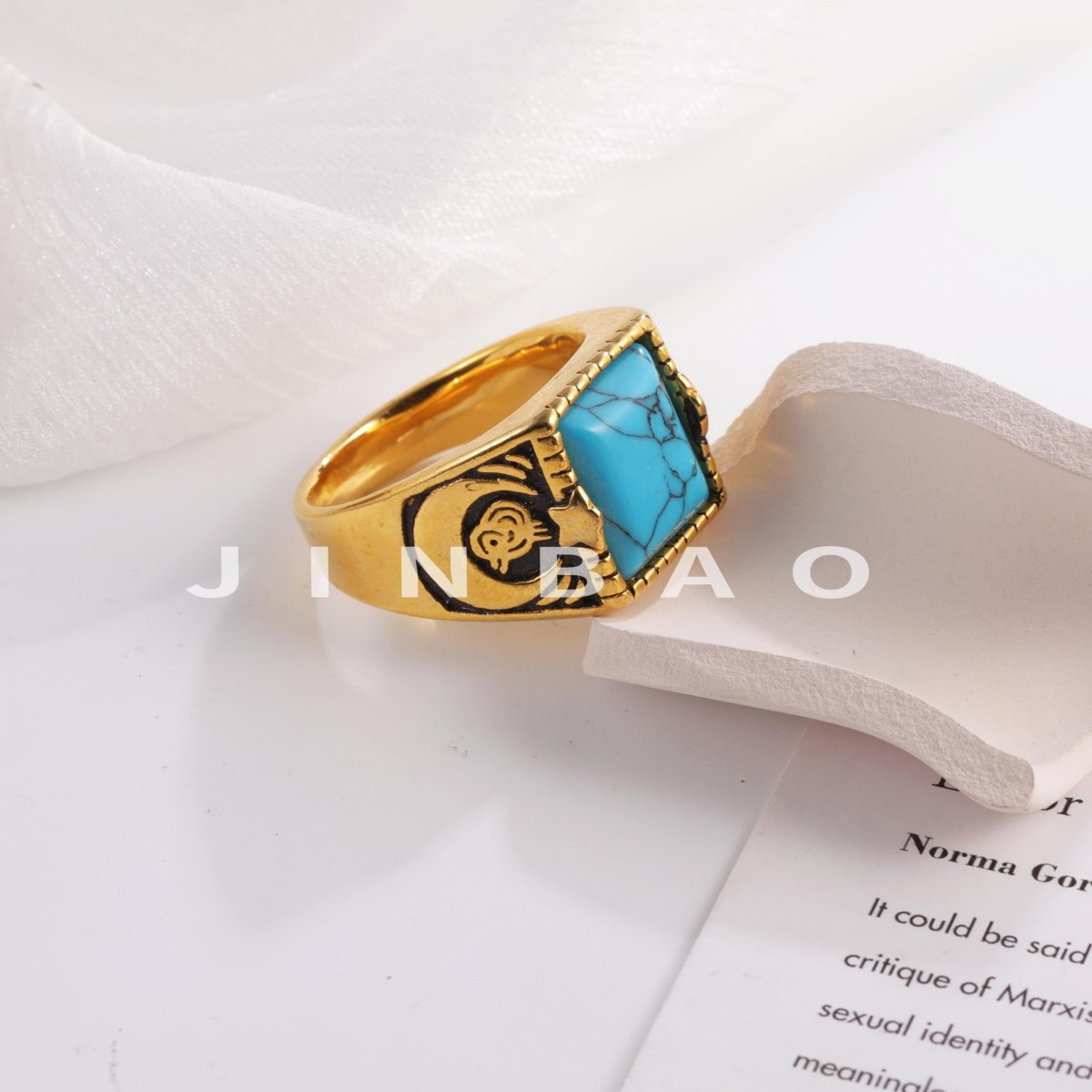 Vintage blue turquoise ring gold plated carved stainless steel men's ring | BL67