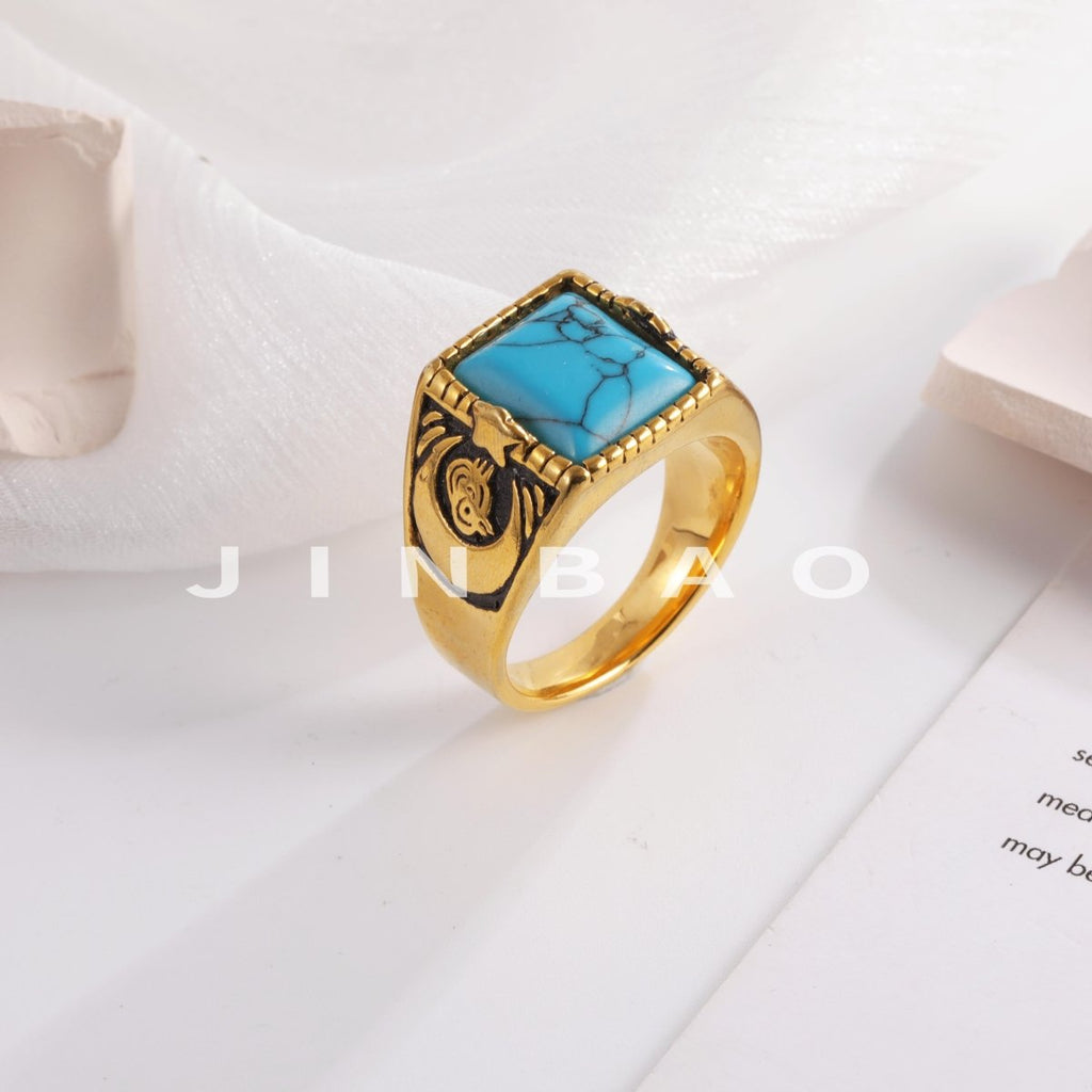 Vintage blue turquoise ring gold plated carved stainless steel men's ring | BL67