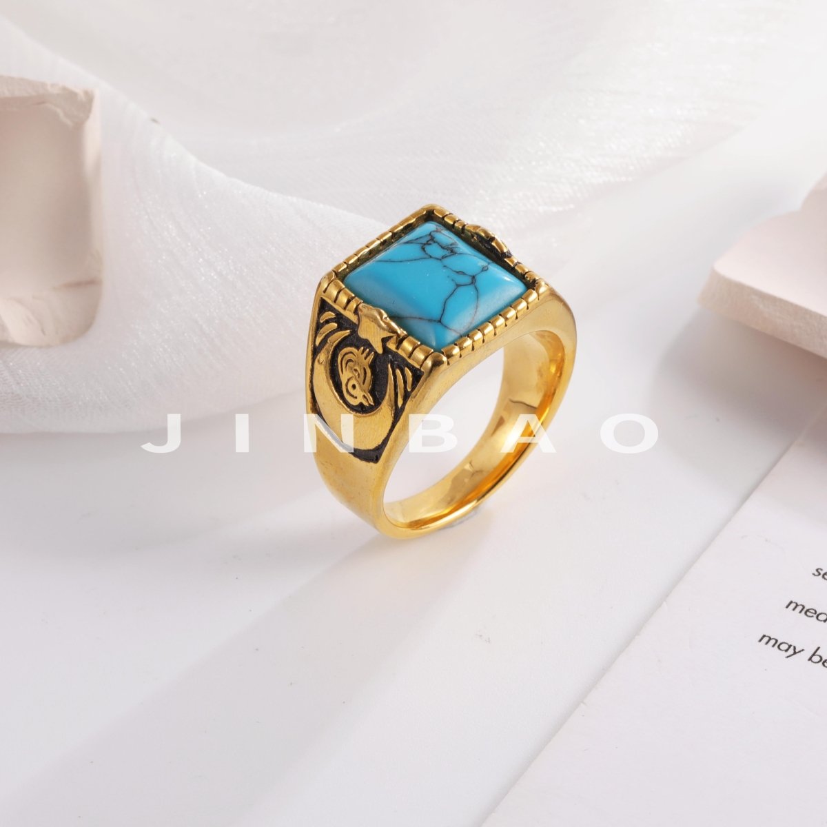 Vintage blue turquoise ring gold plated carved stainless steel men's ring | BL67
