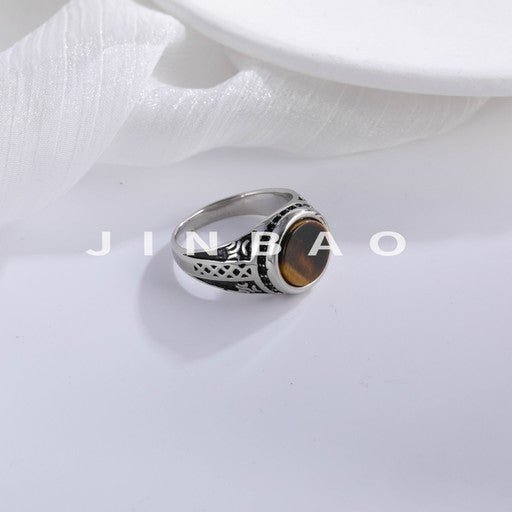 Vintage Carved Tiger Eye Stainless Steel Ring Men's Elegant Band | BL337