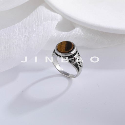 Vintage Carved Tiger Eye Stainless Steel Ring Men's Elegant Band | BL337