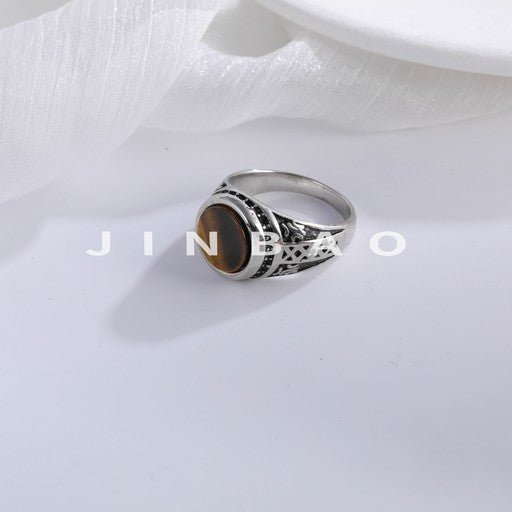 Vintage Carved Tiger Eye Stainless Steel Ring Men's Elegant Band | BL337