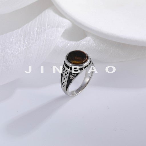 Vintage Carved Tiger Eye Stainless Steel Ring Men's Elegant Band | BL337