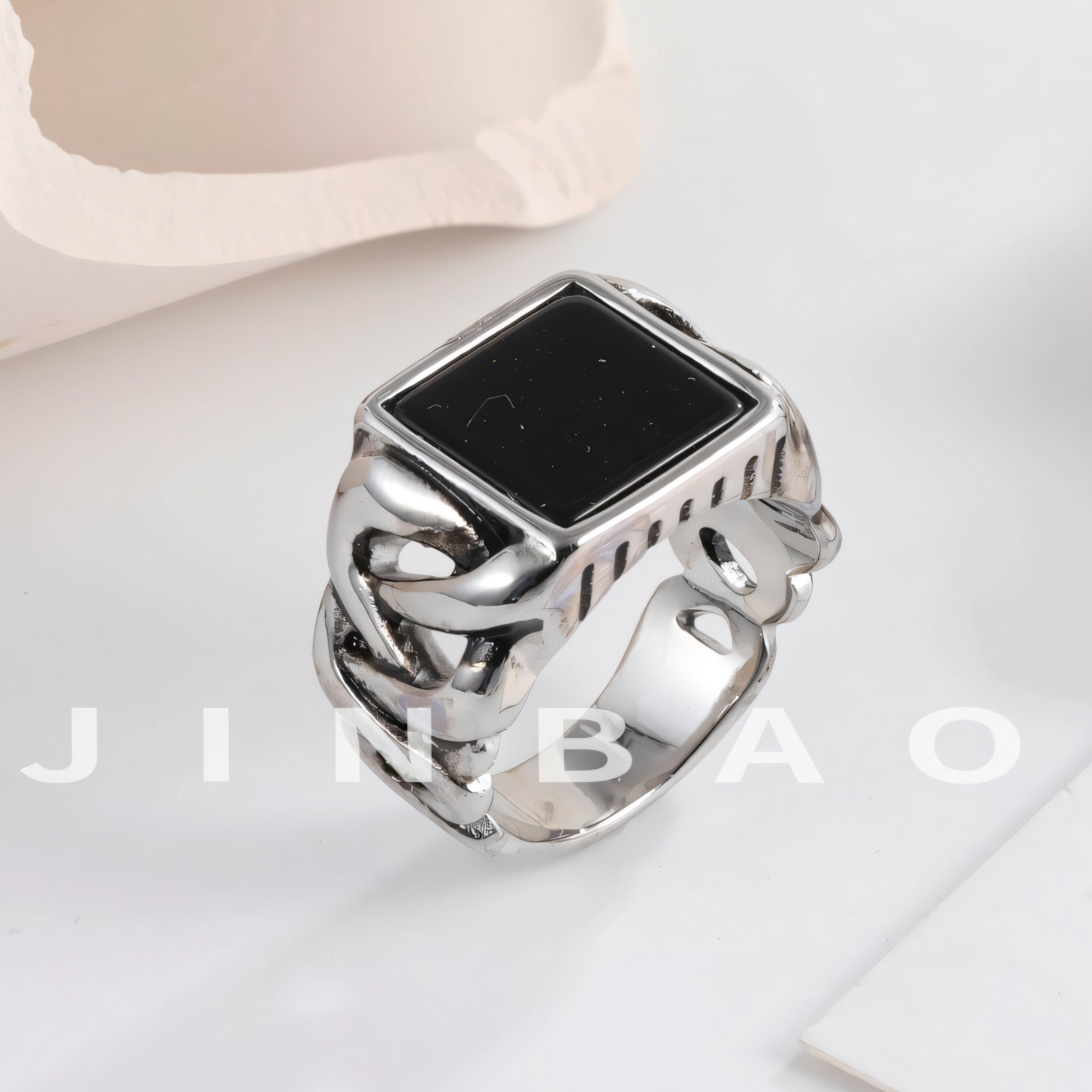 Vintage Chain Style Men's Stainless Steel Flat Stone Ring Jewelry | K002683
