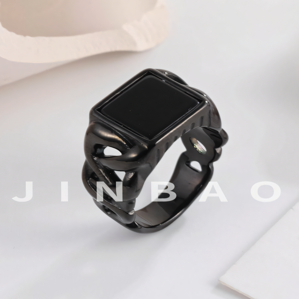 Vintage Chain Style Men's Stainless Steel Flat Stone Ring Jewelry | K002683