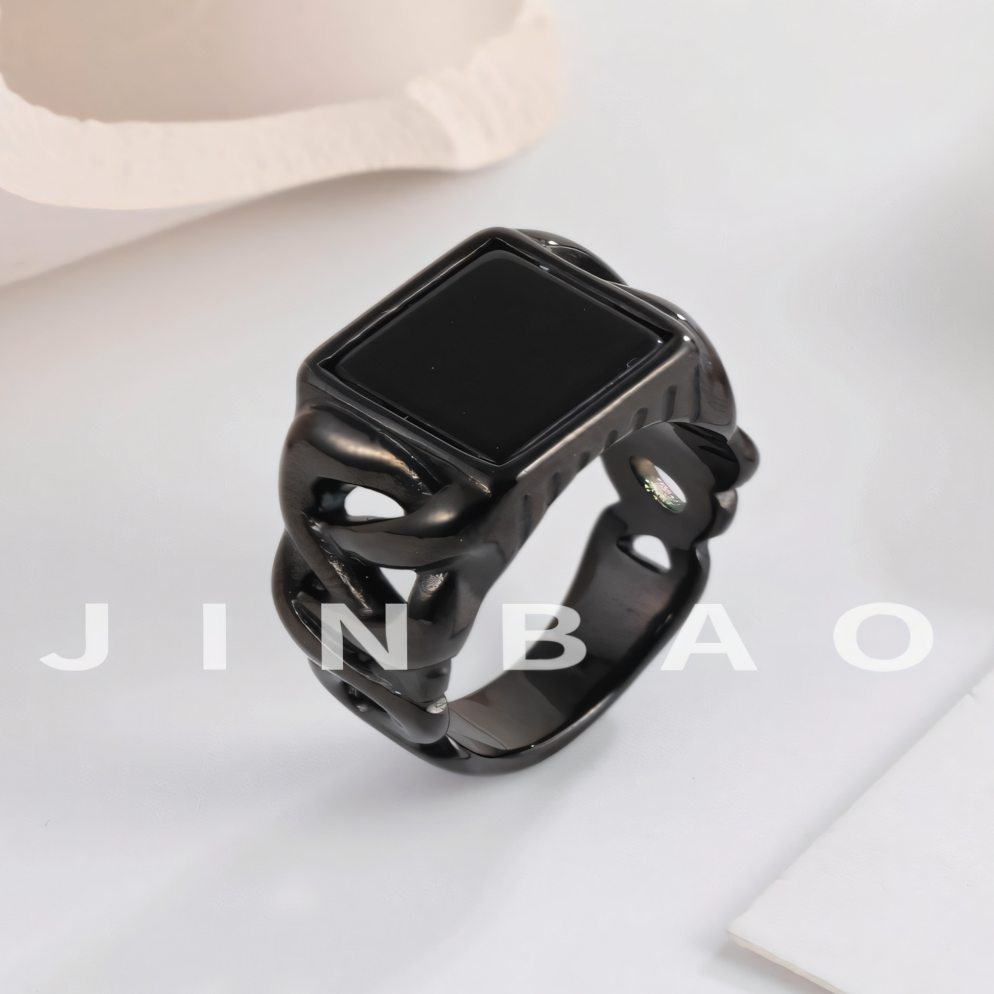 Vintage Chain Style Men's Stainless Steel Flat Stone Ring Jewelry | K002683