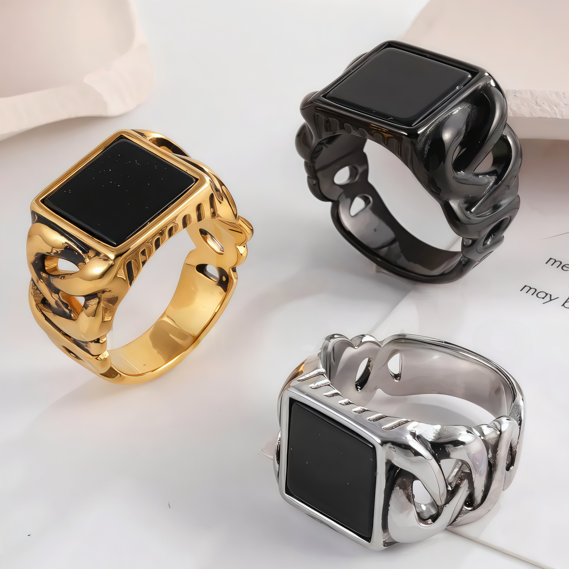 Vintage Chain Style Men's Stainless Steel Flat Stone Ring Jewelry | K002683