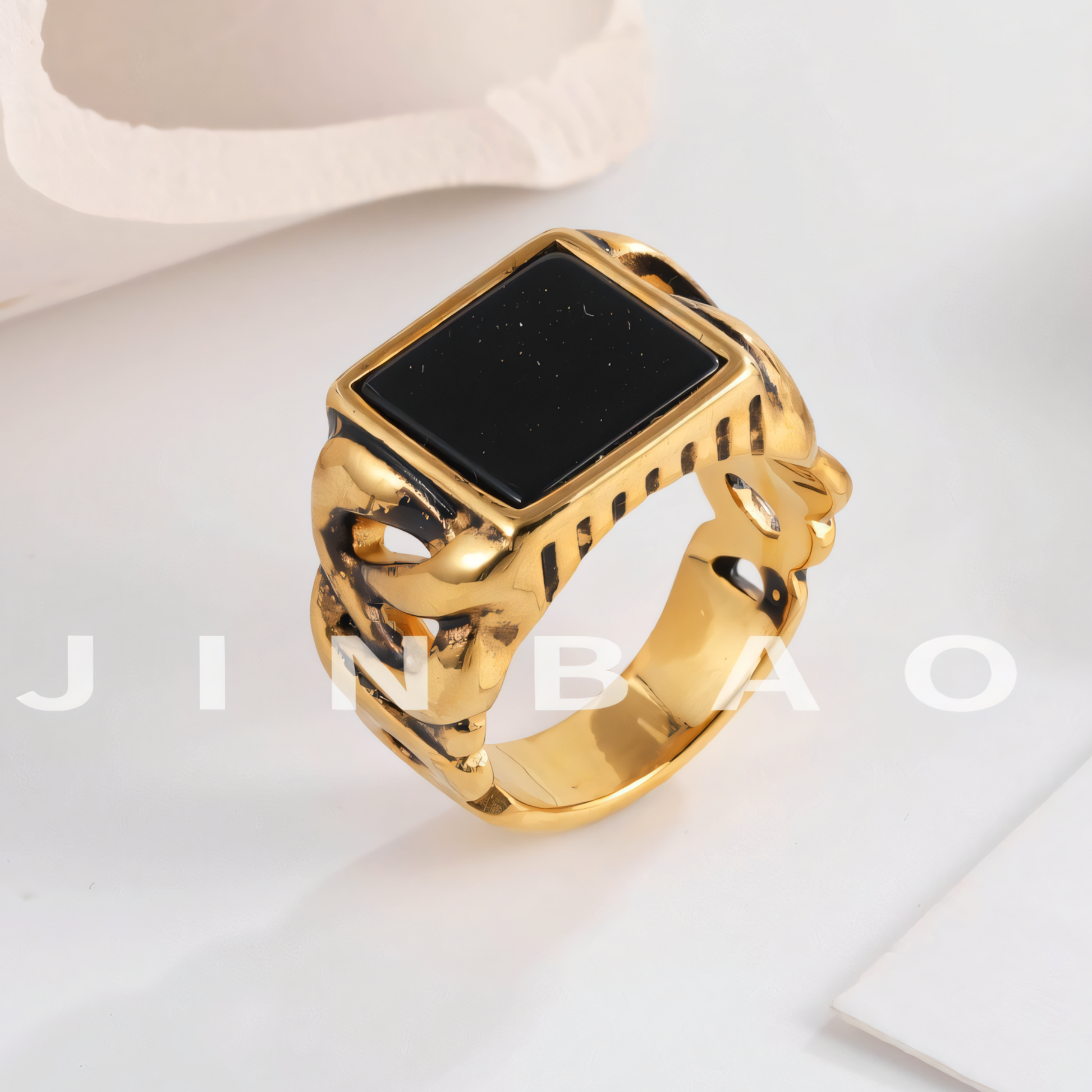 Vintage Chain Style Men's Stainless Steel Flat Stone Ring Jewelry | K002683