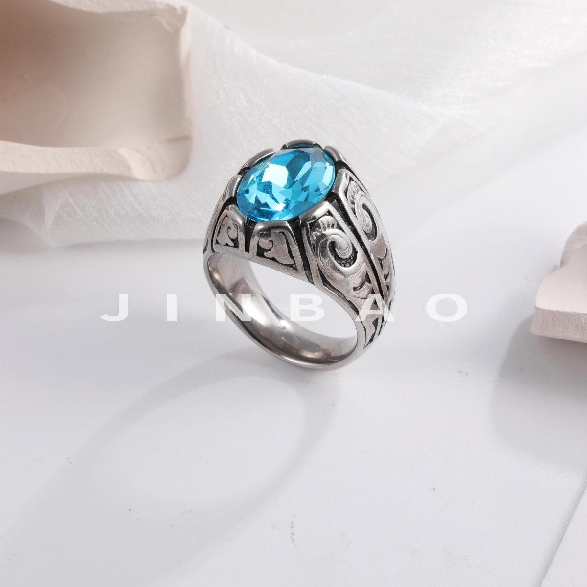 Vintage Floral Pattern Gemstone Ring Men's Silver Trendy Jewelry | K00906