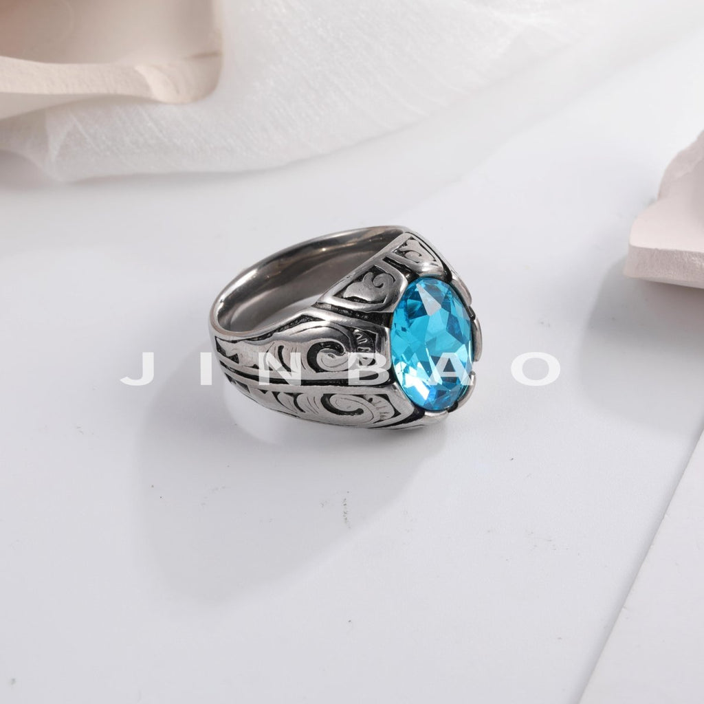 Vintage Floral Pattern Gemstone Ring Men's Silver Trendy Jewelry | K00906