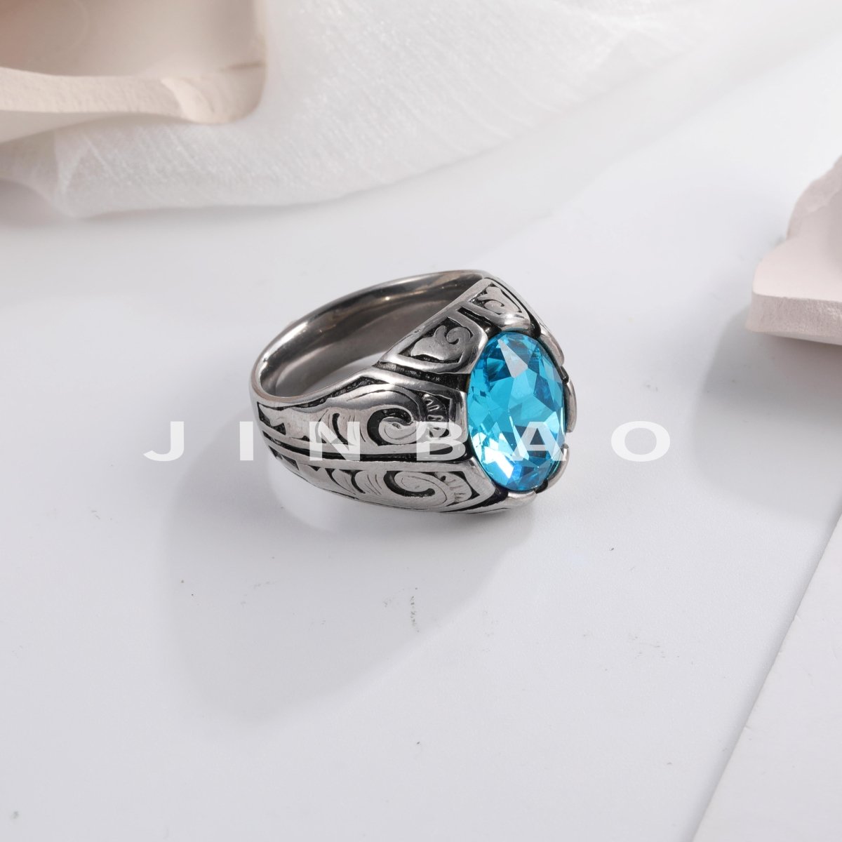 Vintage Floral Pattern Gemstone Ring Men's Silver Trendy Jewelry | K00906