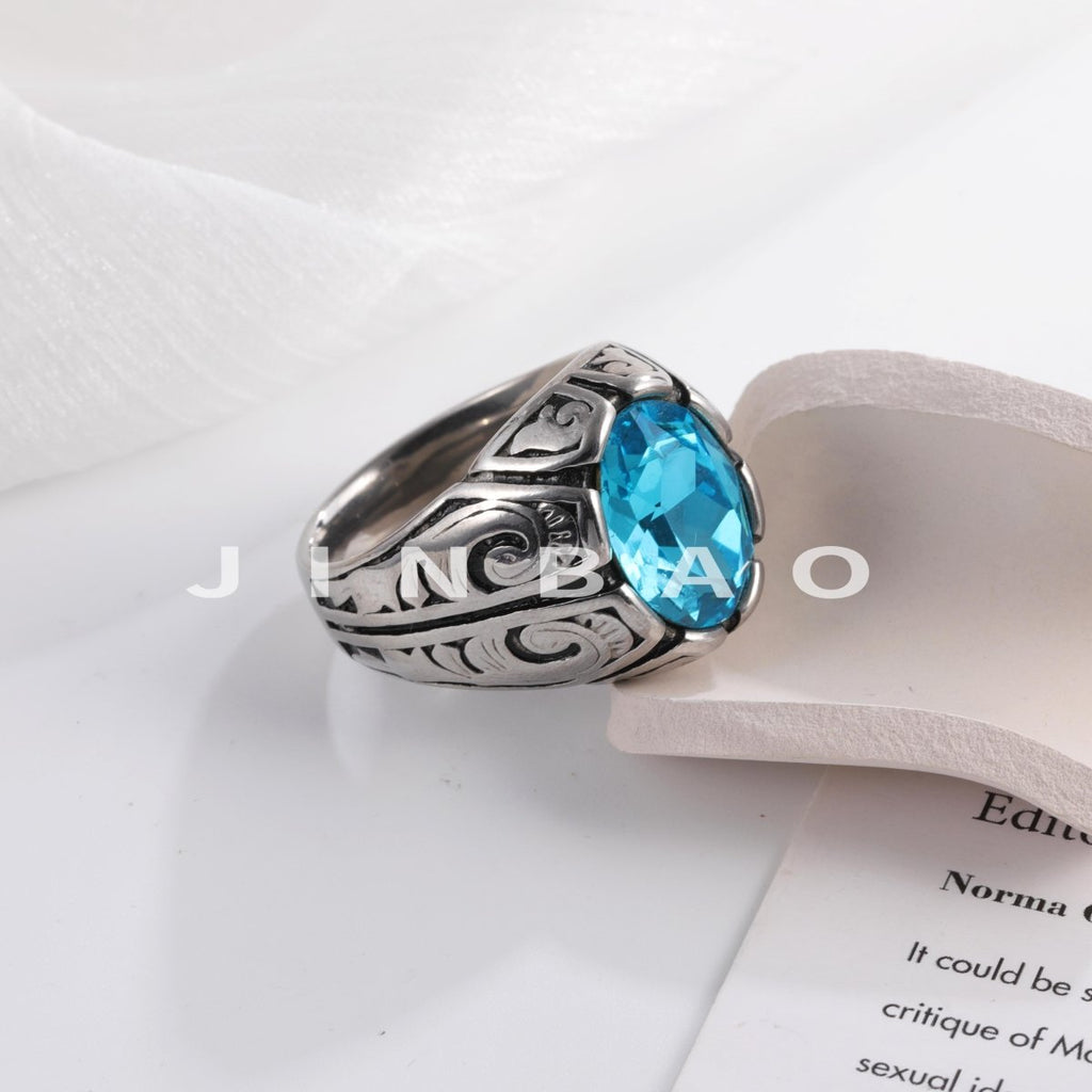 Vintage Floral Pattern Gemstone Ring Men's Silver Trendy Jewelry | K00906