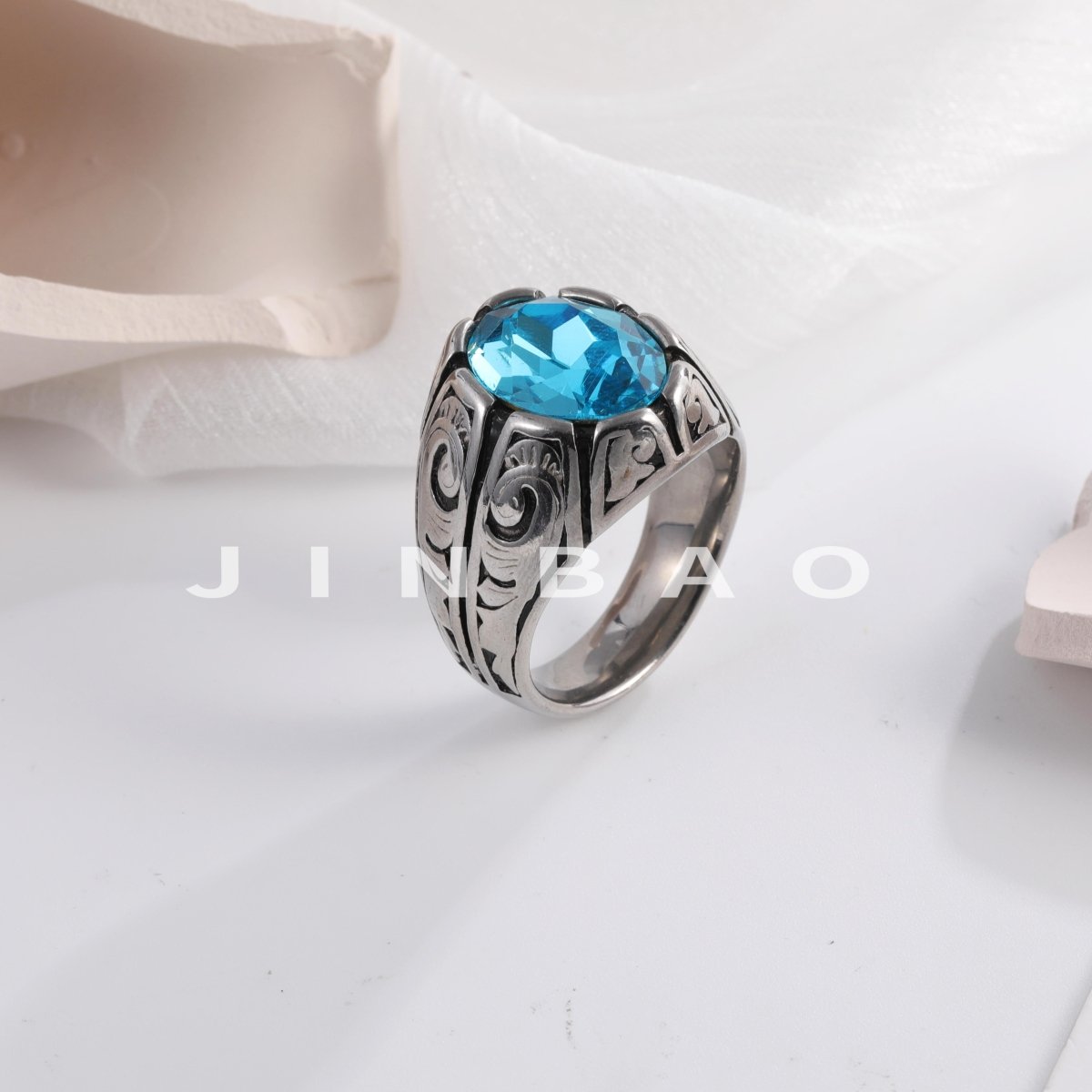Vintage Floral Pattern Gemstone Ring Men's Silver Trendy Jewelry | K00906