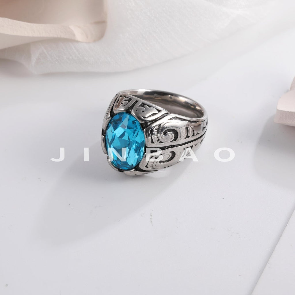 Vintage Floral Pattern Gemstone Ring Men's Silver Trendy Jewelry | K00906