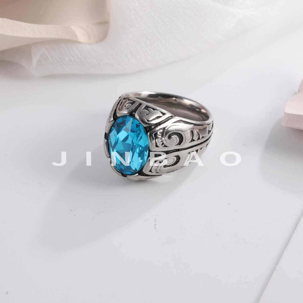 Vintage Floral Pattern Gemstone Ring Men's Silver Trendy Jewelry | K00906