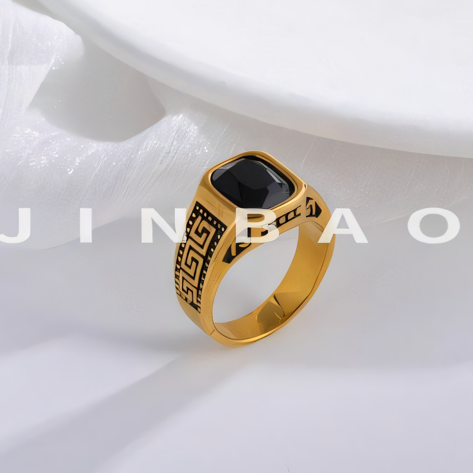 Vintage Greek Pattern Stainless Steel Ring with Gemstone Decoration Men's Ring | K0058