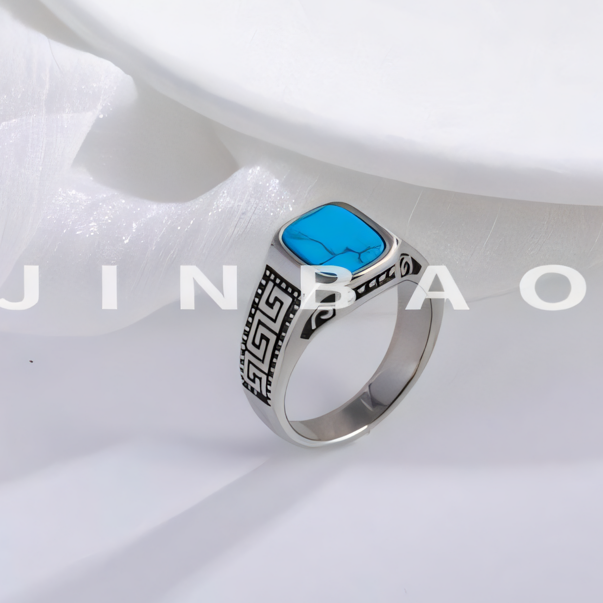 Vintage Greek Pattern Stainless Steel Ring with Gemstone Decoration Men's Ring | K0058