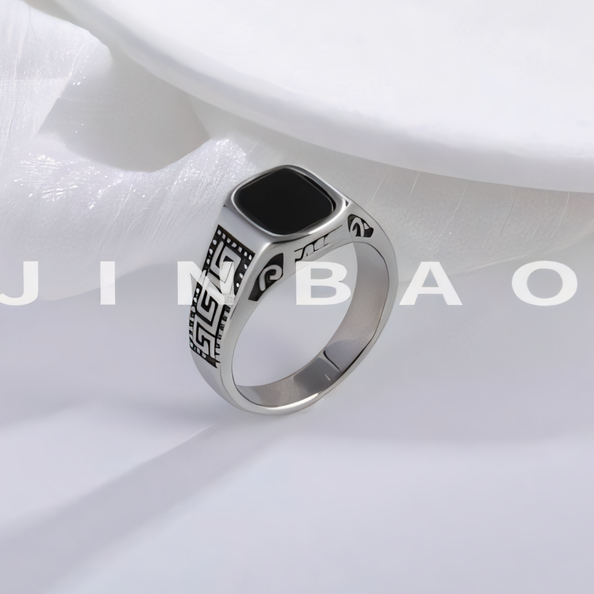 Vintage Greek Pattern Stainless Steel Ring with Gemstone Decoration Men's Ring | K0058