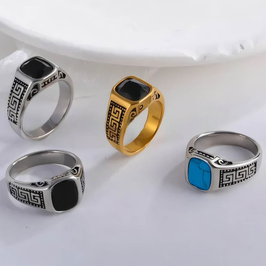 Vintage Greek Pattern Stainless Steel Ring with Gemstone Decoration Men's Ring | K0058