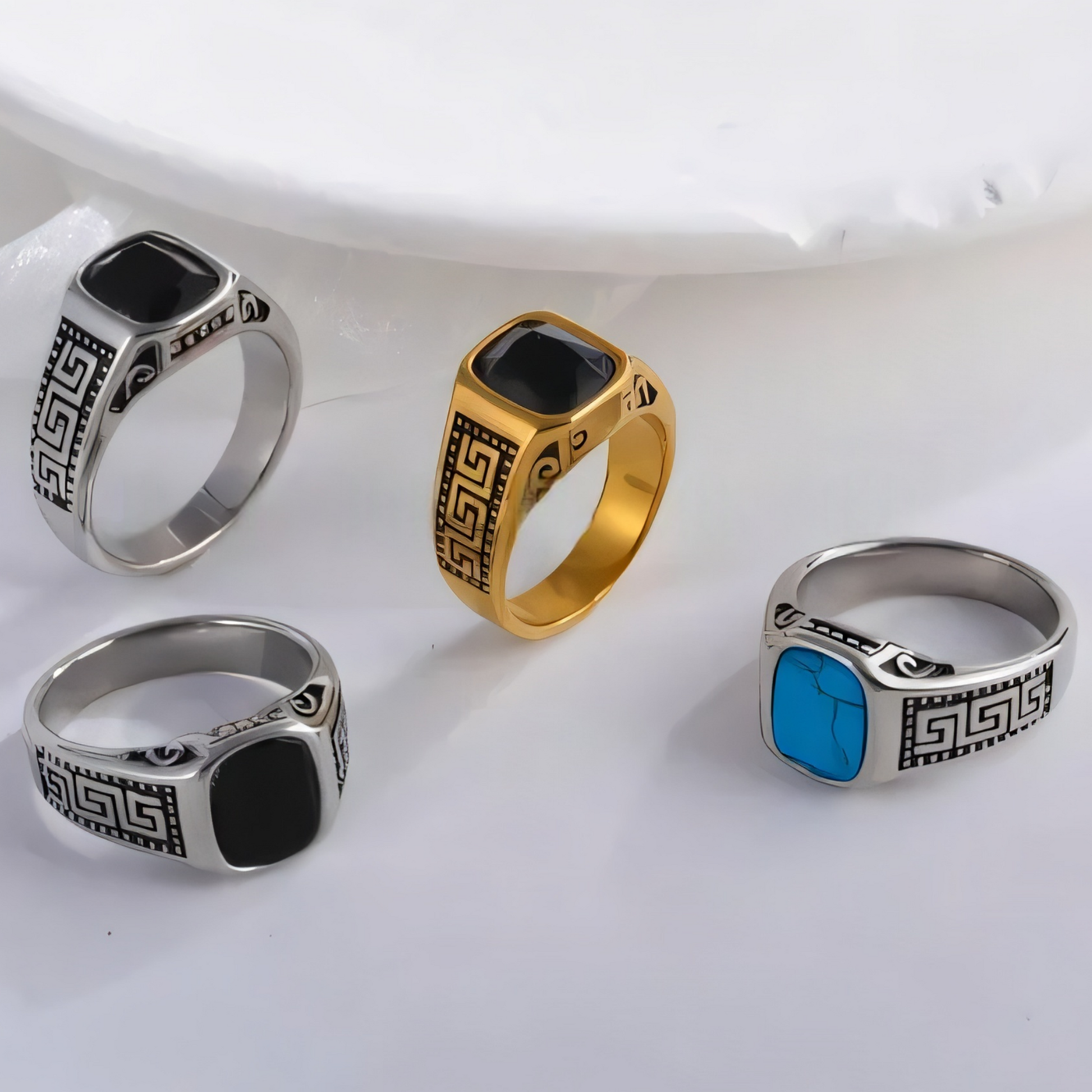 Vintage Greek Pattern Stainless Steel Ring with Gemstone Decoration Men's Ring | K0058