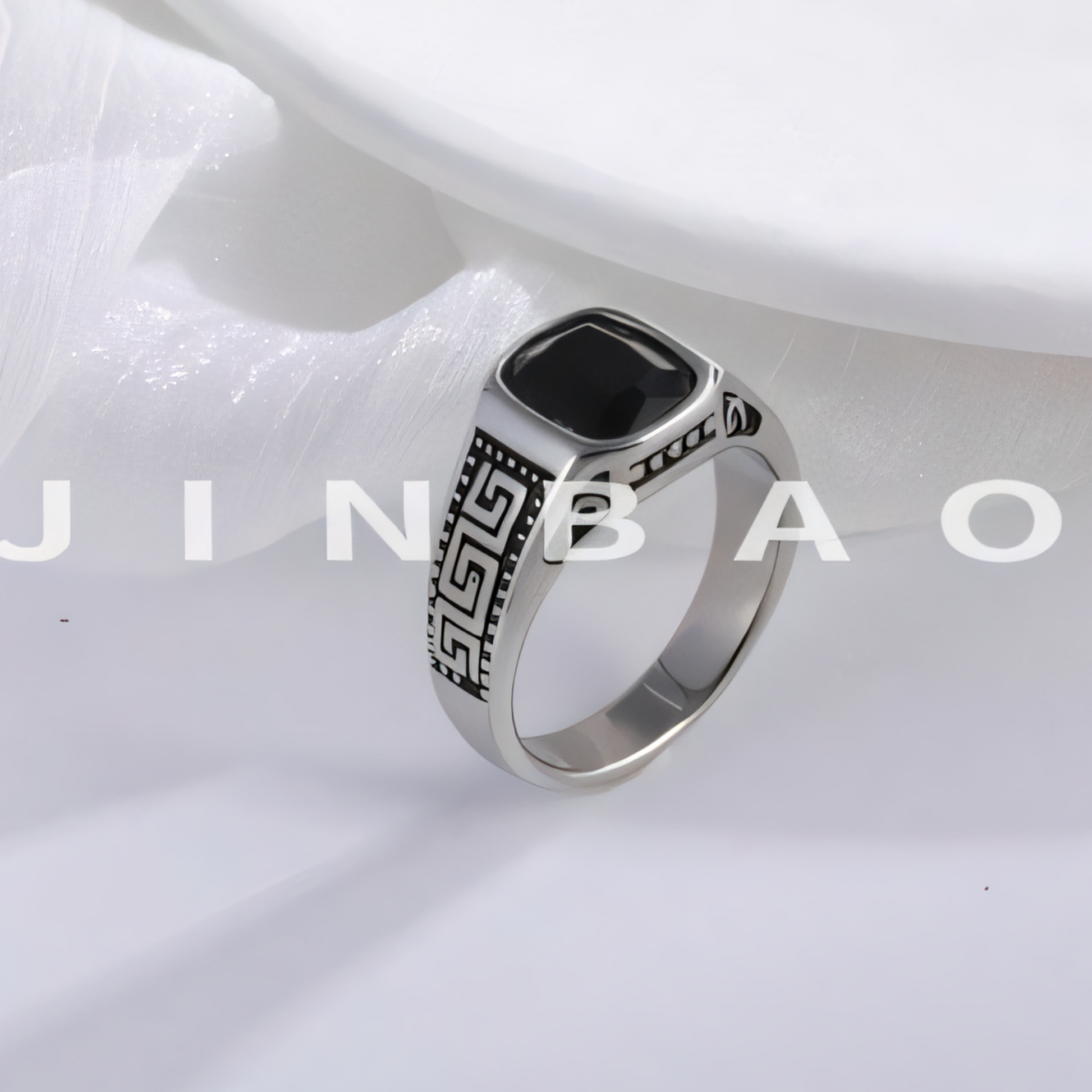 Vintage Greek Pattern Stainless Steel Ring with Gemstone Decoration Men's Ring | K0058