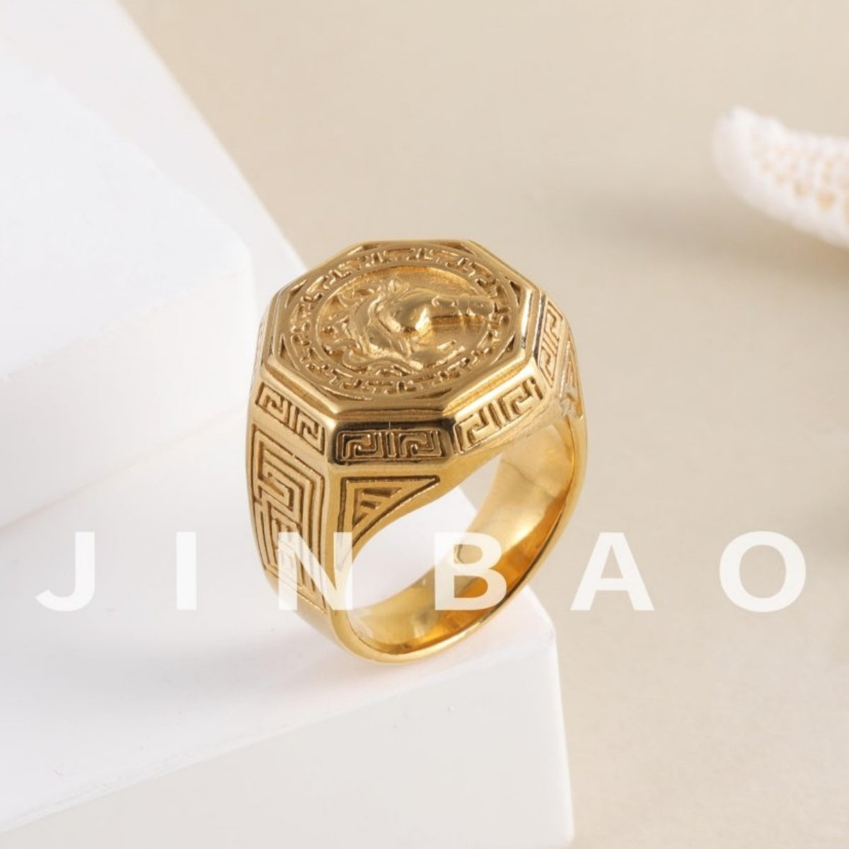 Vintage Horse Head Octagonal Stainless Steel Ring with Greek Pattern Design | G00995