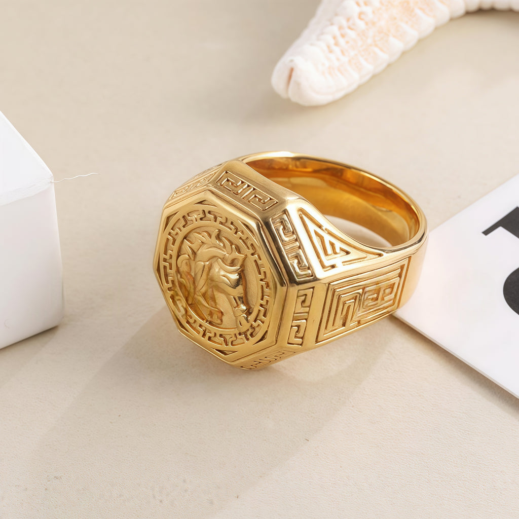 Vintage Horse Head Octagonal Stainless Steel Ring with Greek Pattern Design | G00995