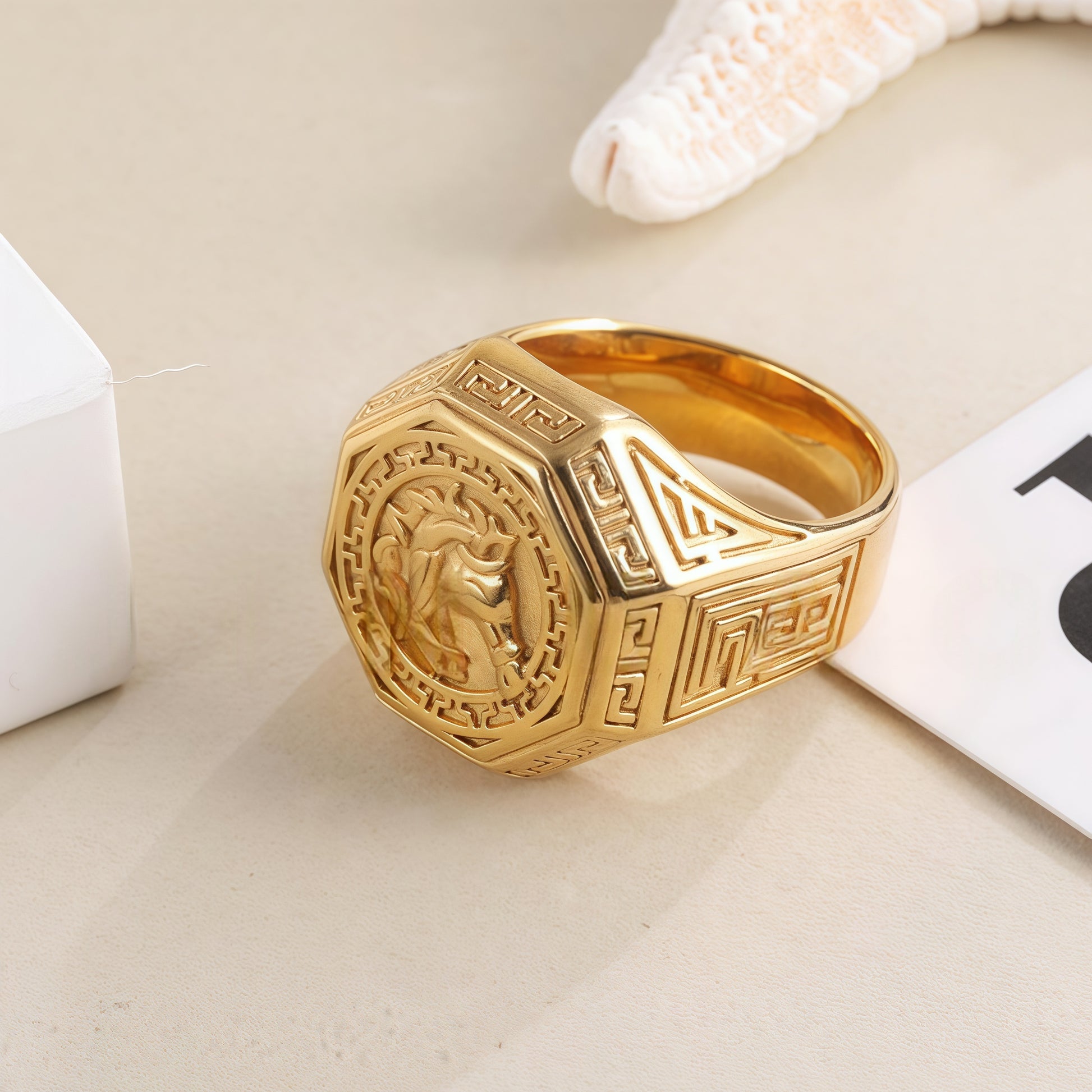 Vintage Horse Head Octagonal Stainless Steel Ring with Greek Pattern Design | G00995