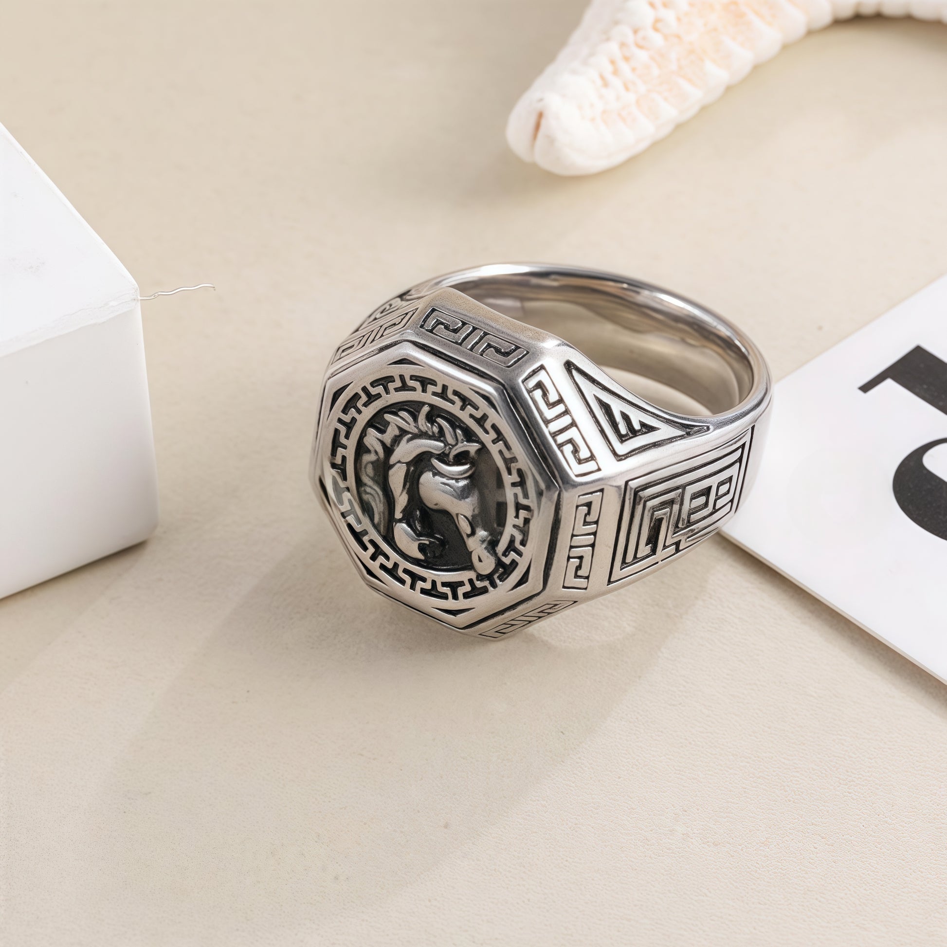 Vintage Horse Head Octagonal Stainless Steel Ring with Greek Pattern Design | G00995