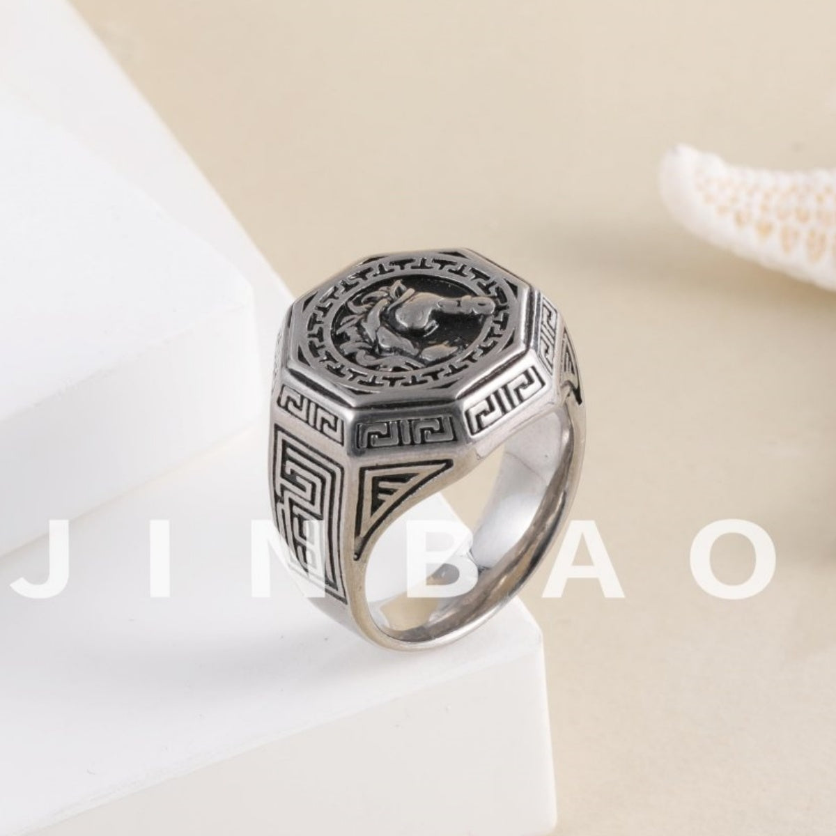 Vintage Horse Head Octagonal Stainless Steel Ring with Greek Pattern Design | G00995