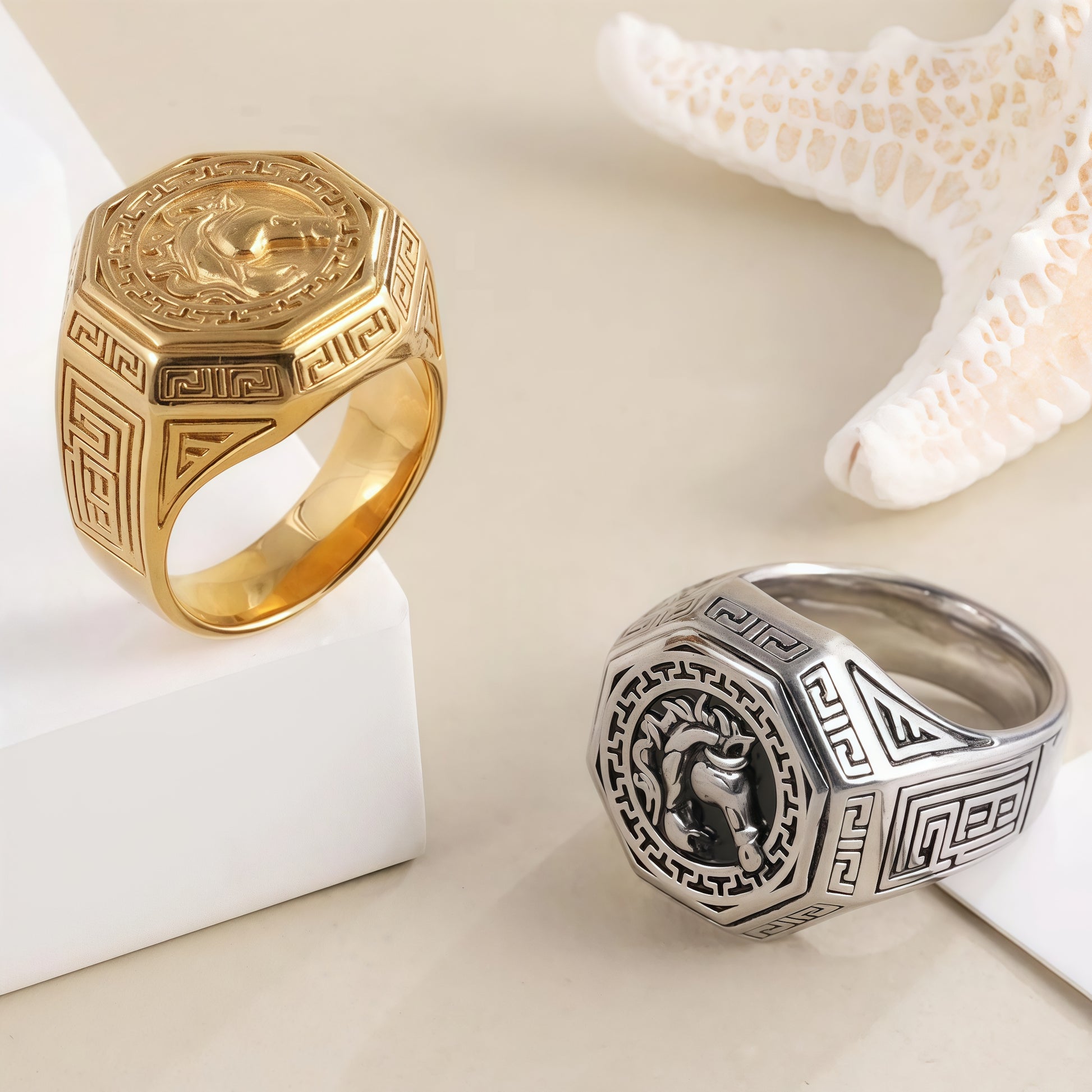 Vintage Horse Head Octagonal Stainless Steel Ring with Greek Pattern Design | G00995