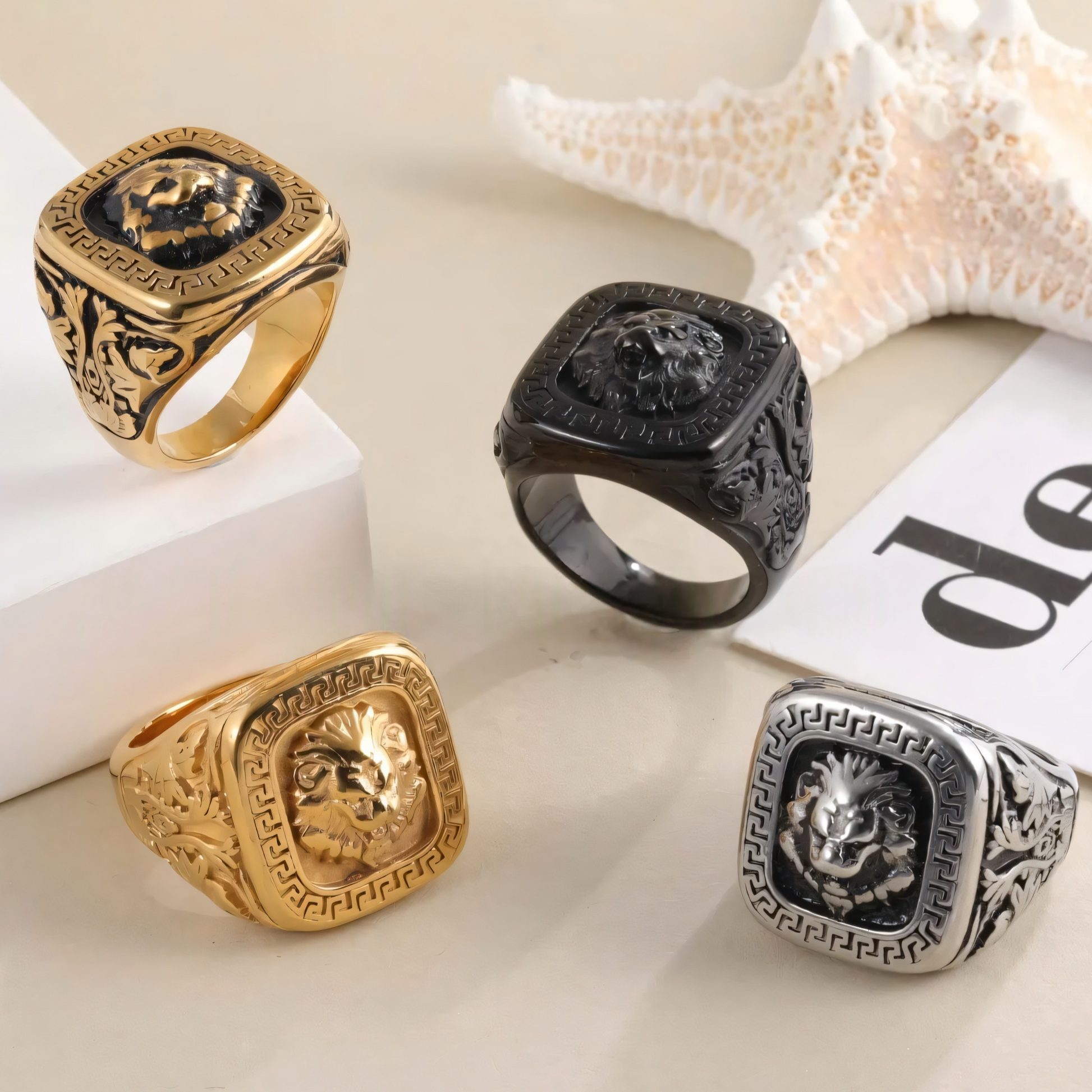 Vintage Lion Head Square Stainless Steel Ring Unique Design | G00771