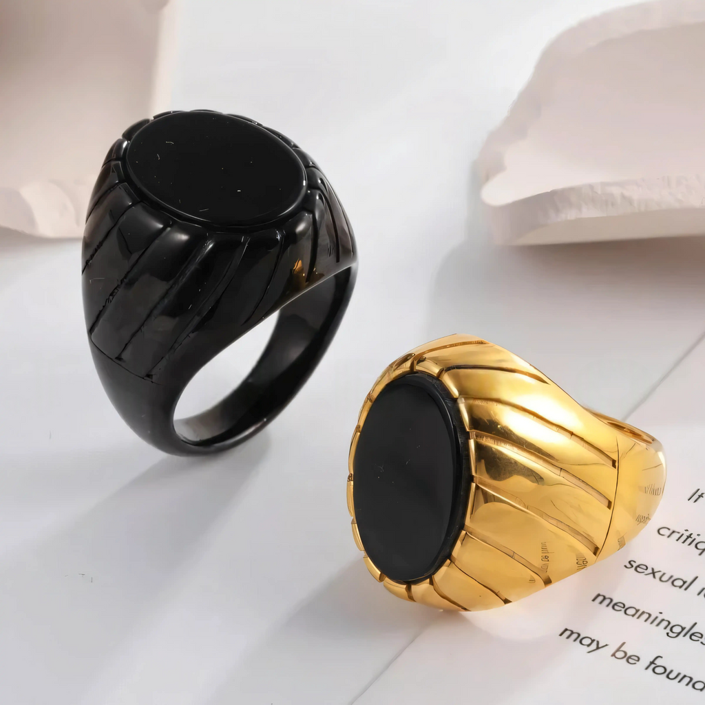 Vintage Oval Black Flat Gemstone Men's Stainless Steel Ring | AMJADBL-10