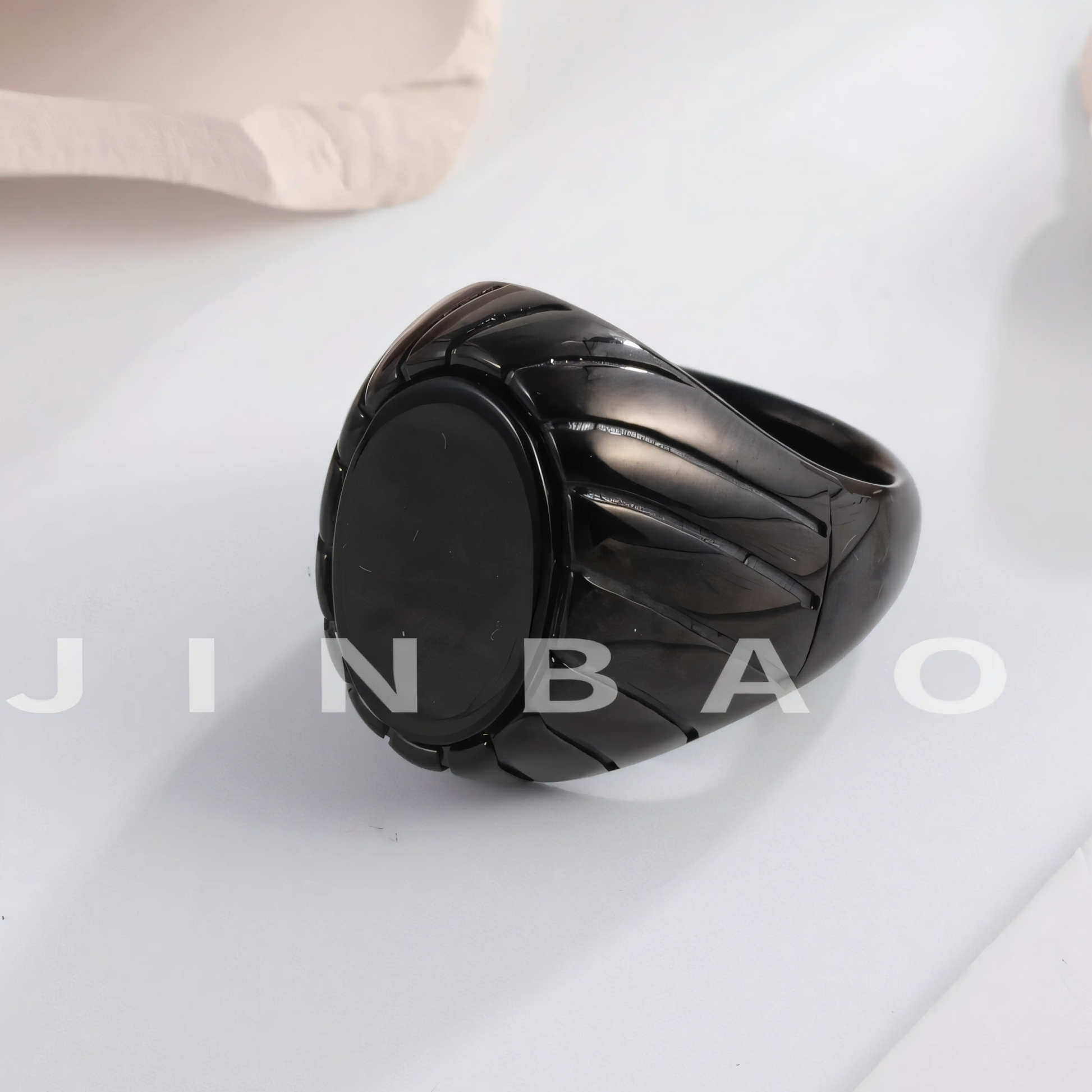 Vintage Oval Black Flat Gemstone Men's Stainless Steel Ring | AMJADBL-10