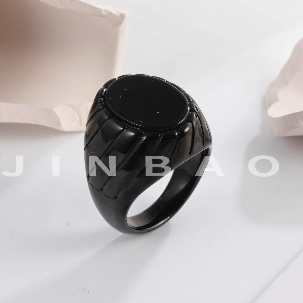 Vintage Oval Black Flat Gemstone Men's Stainless Steel Ring | AMJADBL-10