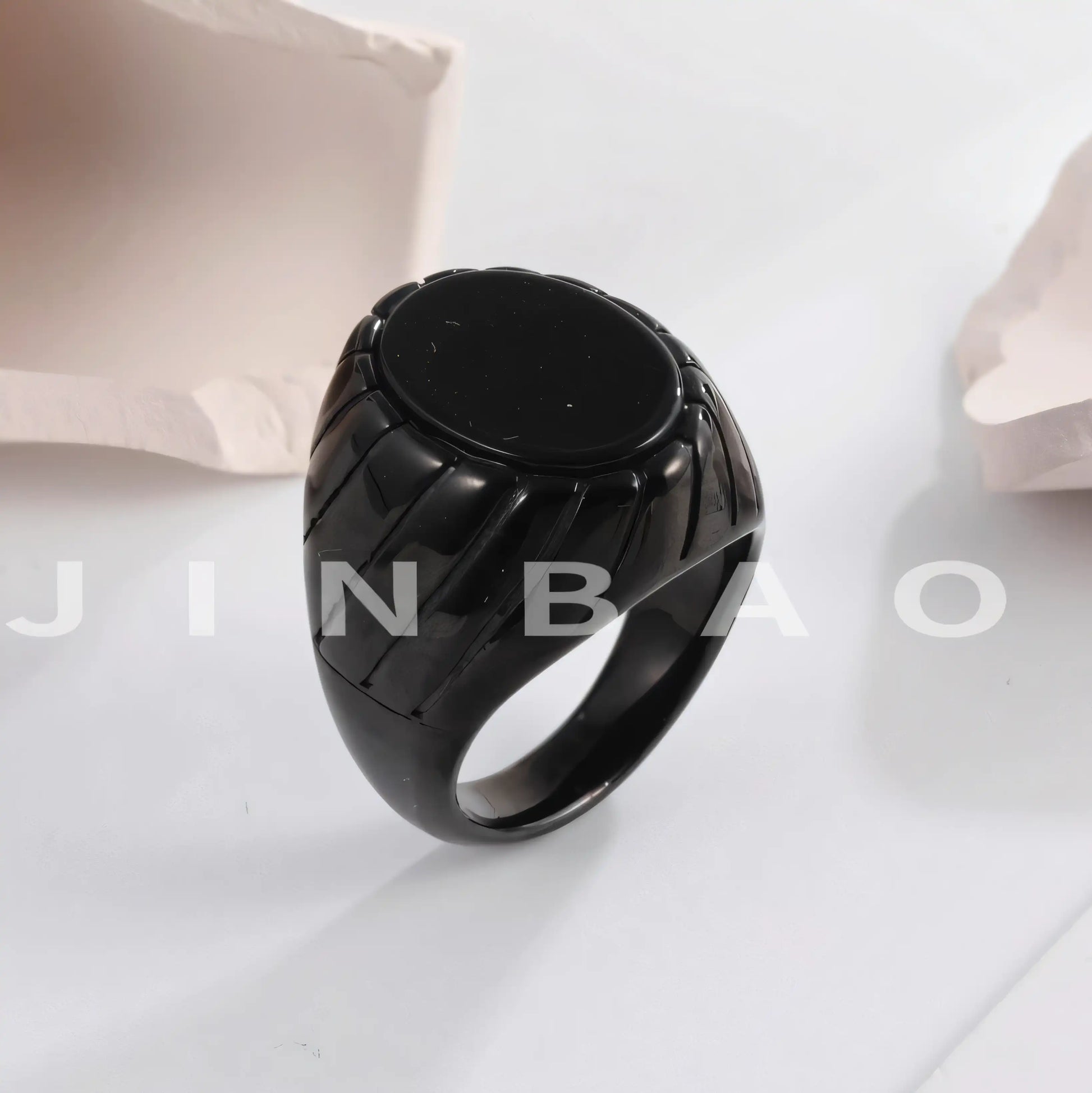 Vintage Oval Black Flat Gemstone Men's Stainless Steel Ring | AMJADBL-10