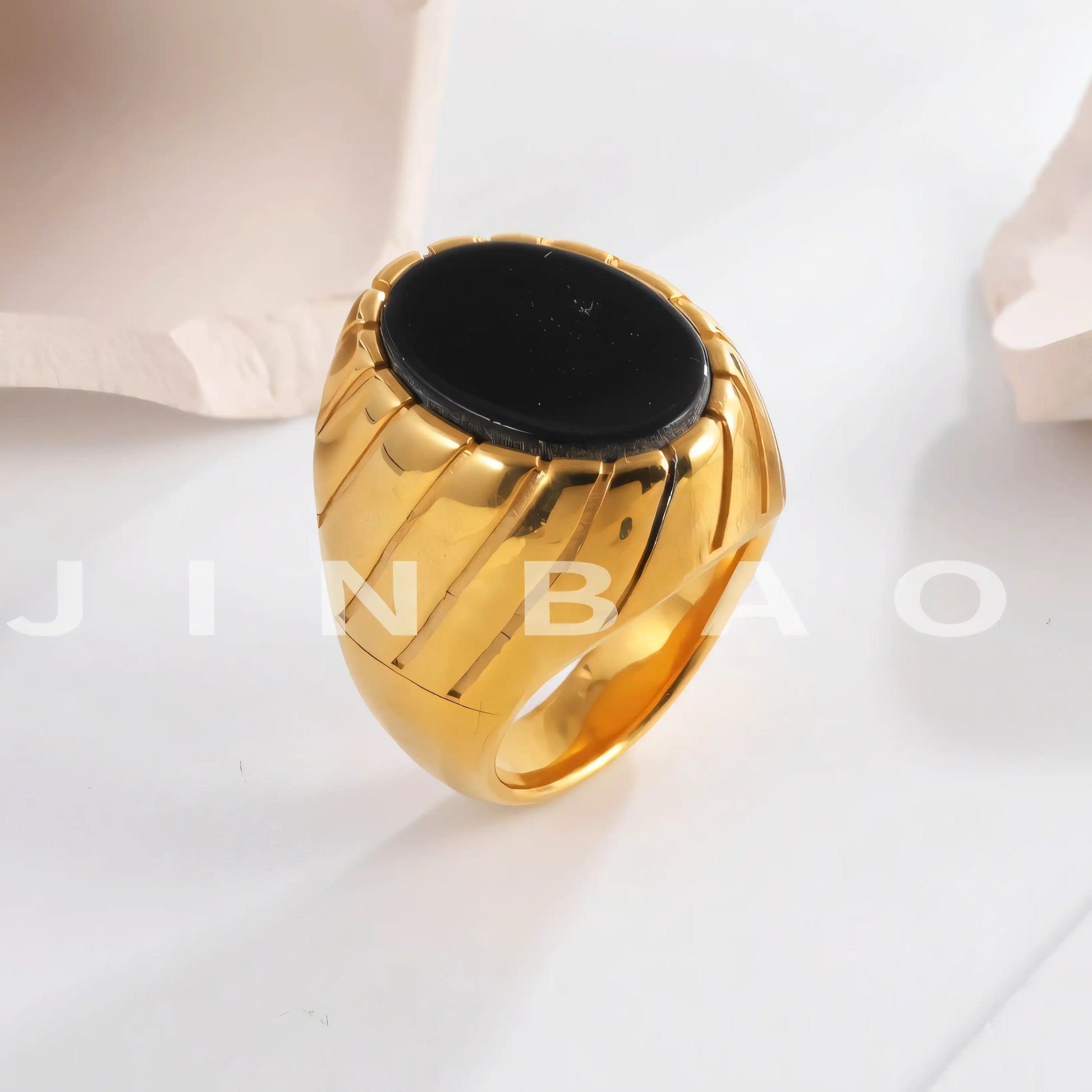 Vintage Oval Black Flat Gemstone Men's Stainless Steel Ring | AMJADBL-10