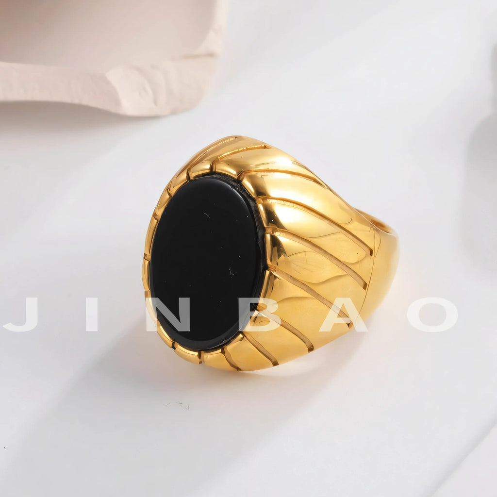Vintage Oval Black Flat Gemstone Men's Stainless Steel Ring | AMJADBL-10